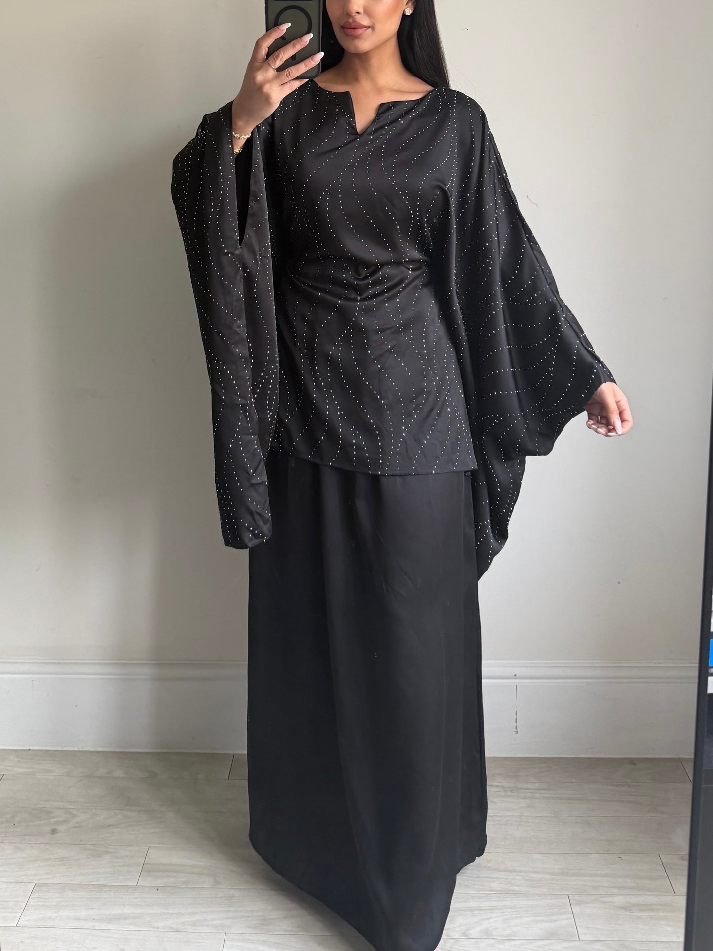 Black Satin Rhinestone Skirt Co-ord