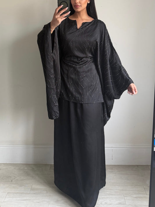 Black Satin Rhinestone Skirt Co-ord