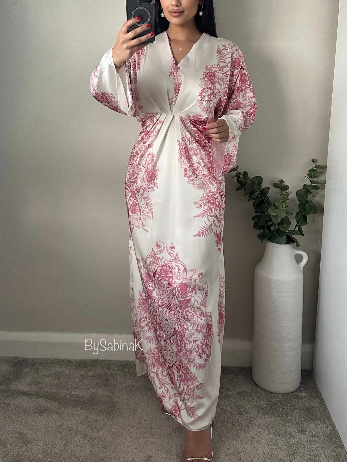 Pink Floral Batwing Satin Dress