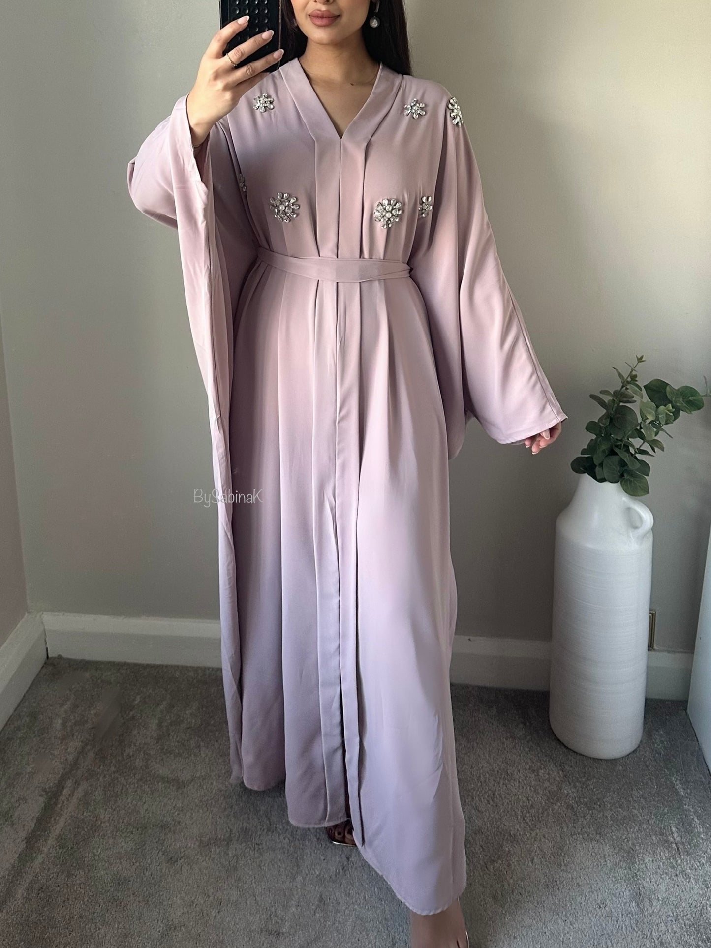 Lilac Embellished Rhinestone Belted Kaftan Abaya