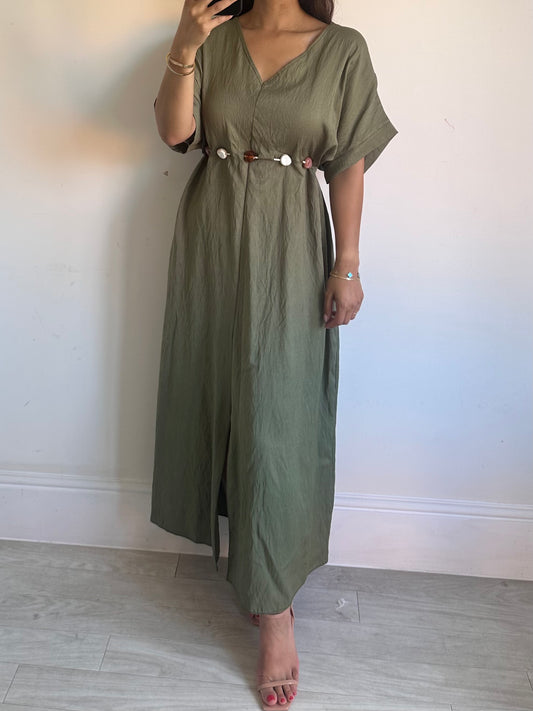 Olive Green Linen Beaded Kaftan Dress