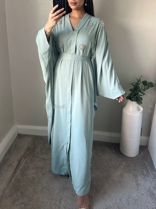 Aqua Embellished Rhinestone Belted Kaftan Abaya