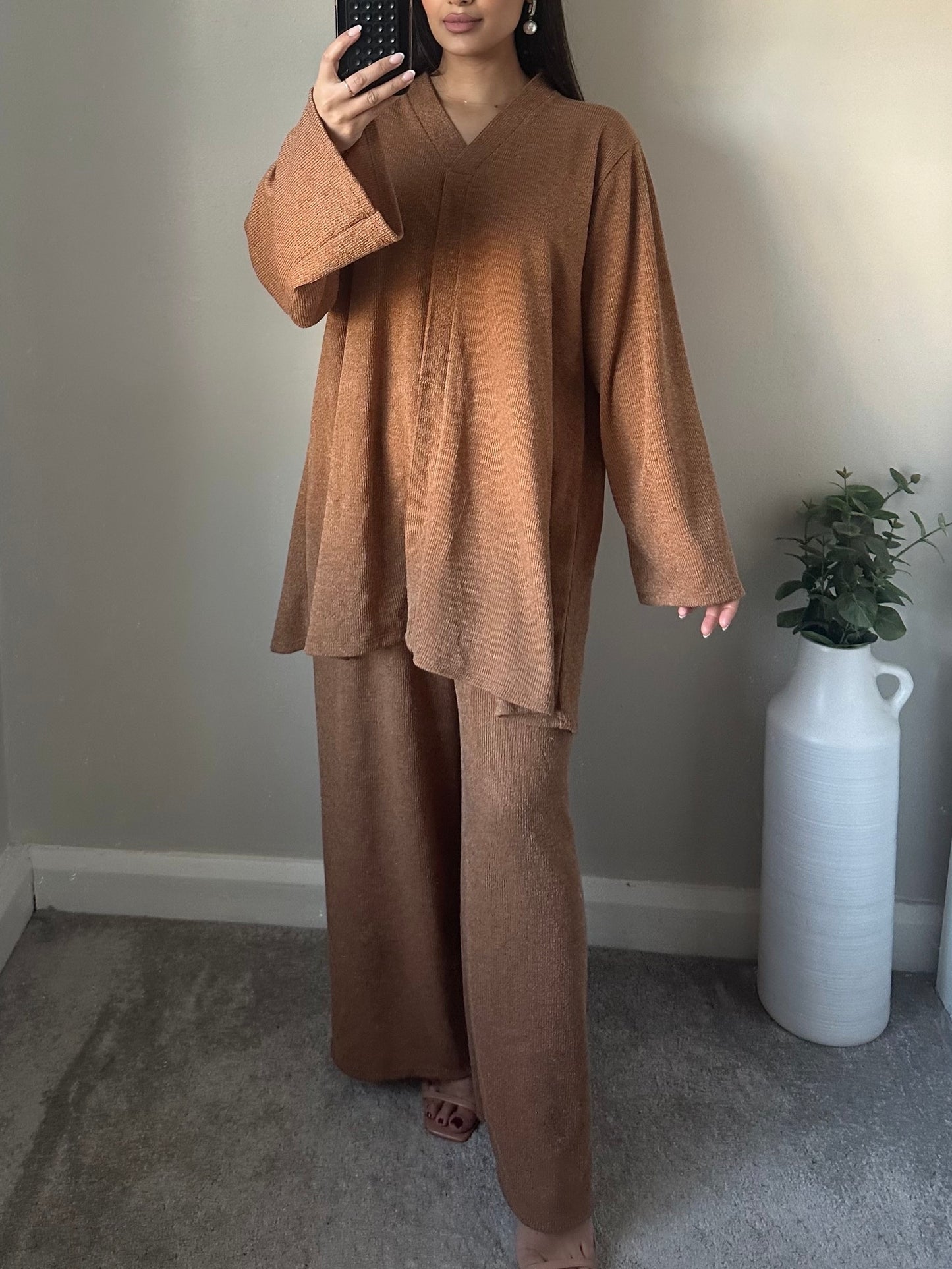 Camel Brown Knitted Longline Co-ord