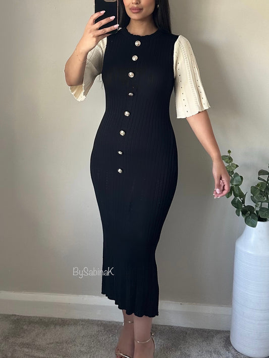 Black Ivory Button Knit Midi Dress