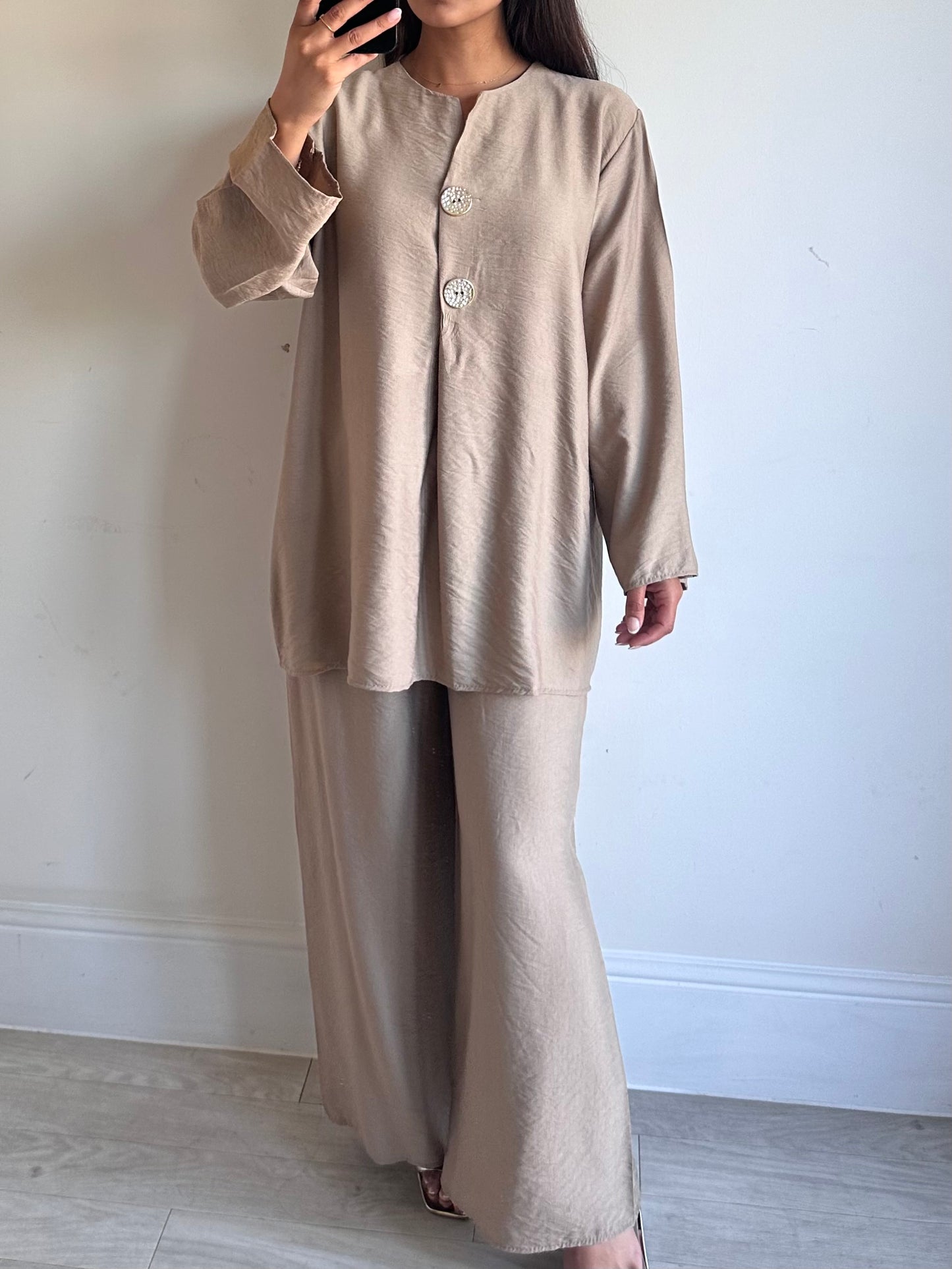 Beige Linen Gold Button Co-ord Set