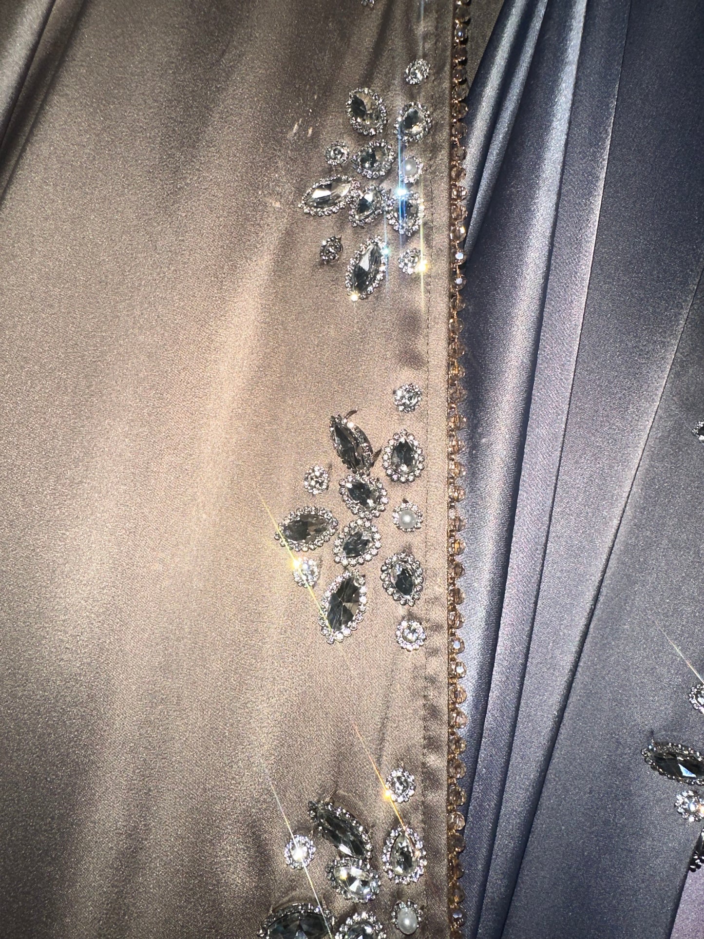 Mocha Satin Rhinestone Beaded Abaya Set