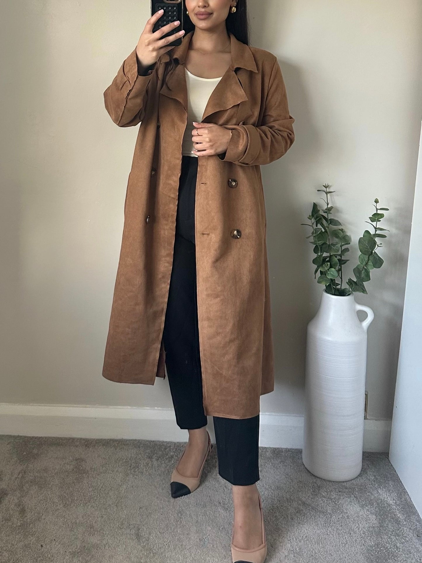 Camel Brown Suede Trench Jacket