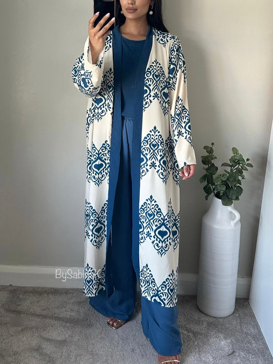 Teal Blue Ivory 3PC Pattern Kimono Set