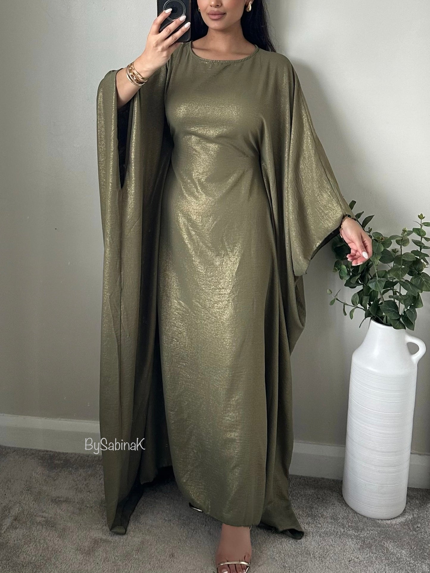 Olive Green Gold Sheen Butterfly Kaftan 031