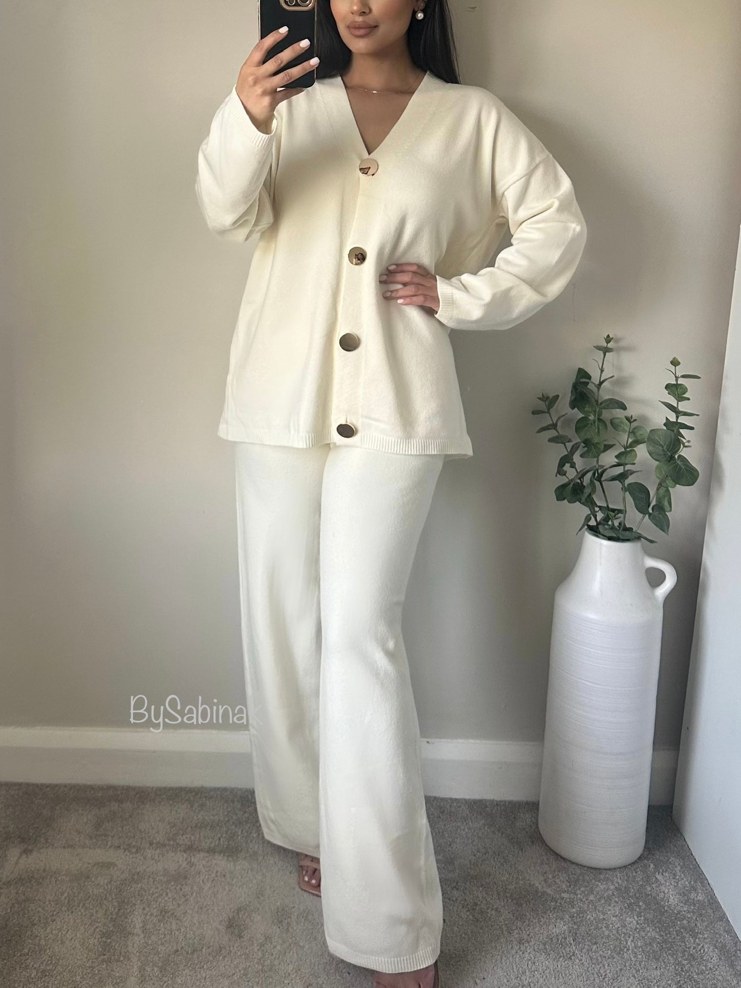 Ivory Gold Button Plain Cardigan Co-ord Set