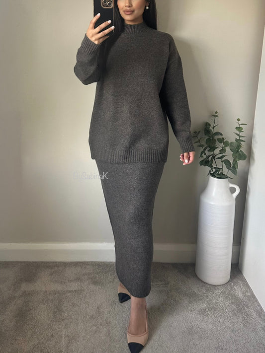 Dark Grey Knit Cosy Skirt Jumper Set Co-ord