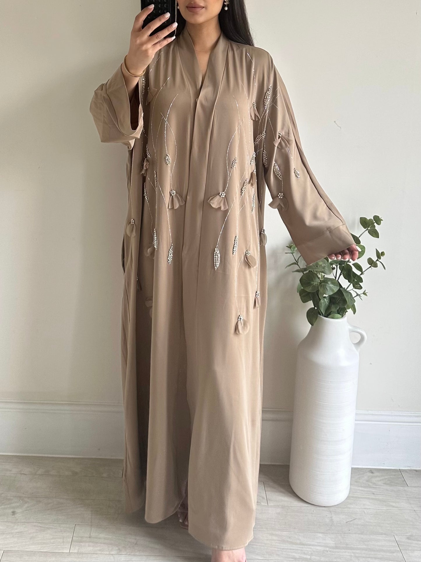 Mocha Flower Drop Embellished Buttoned Abaya