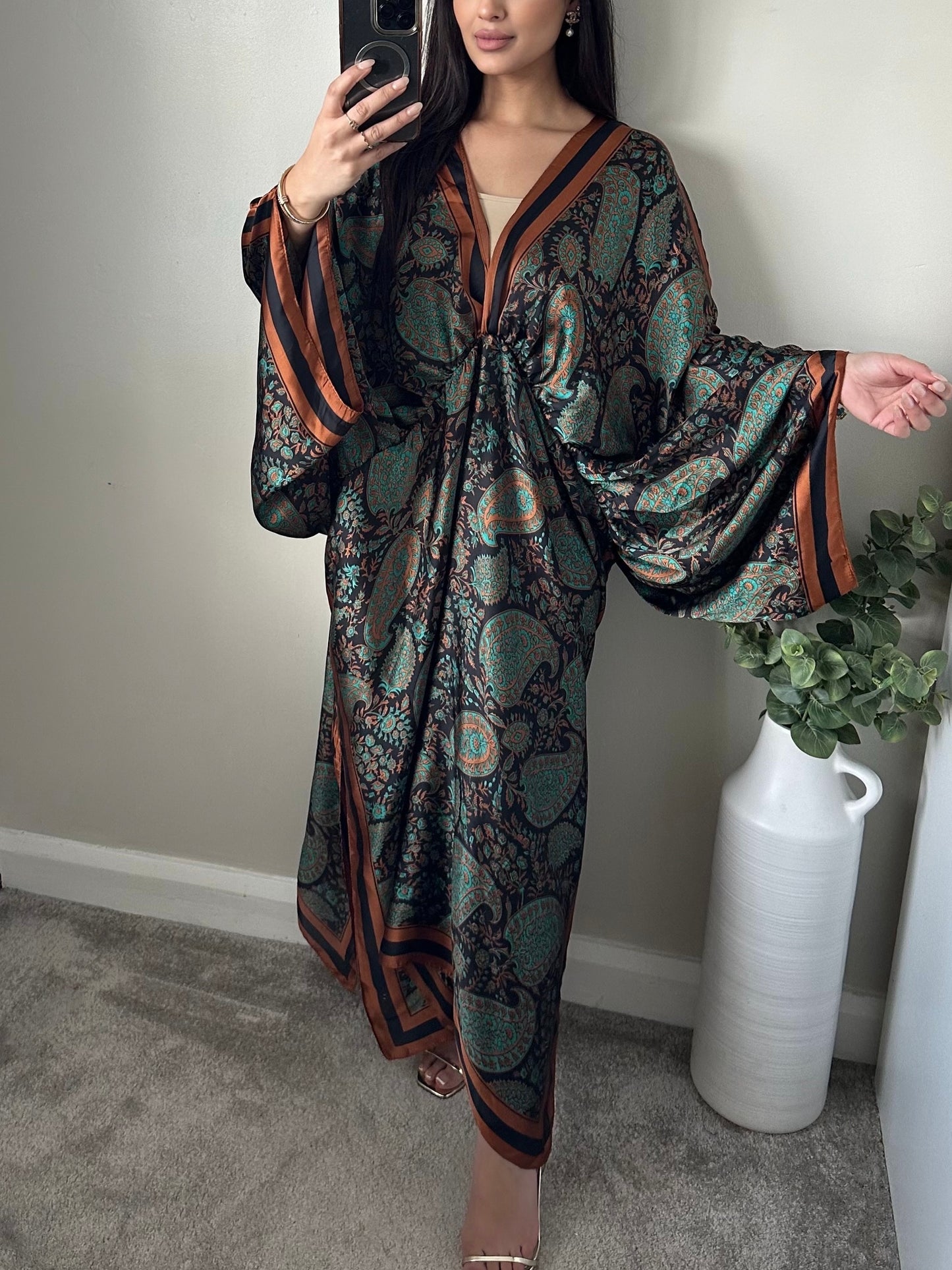 Brown Paisley Print Satin Kaftan