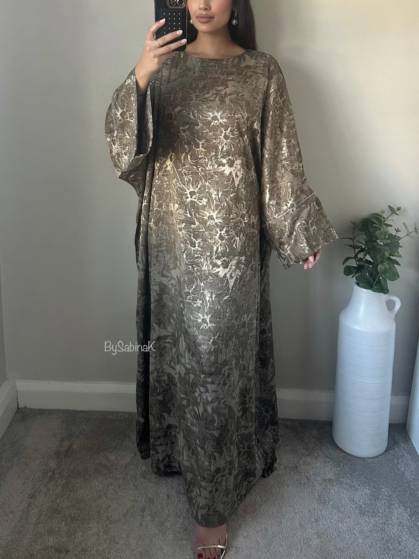 Khaki Green Jacquard Floral Kaftan Abaya