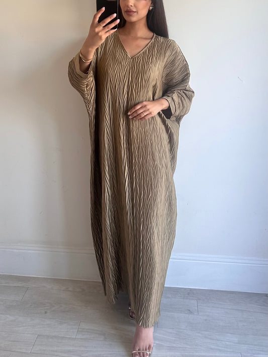 Gold Satin Pleated Batwing Dress
