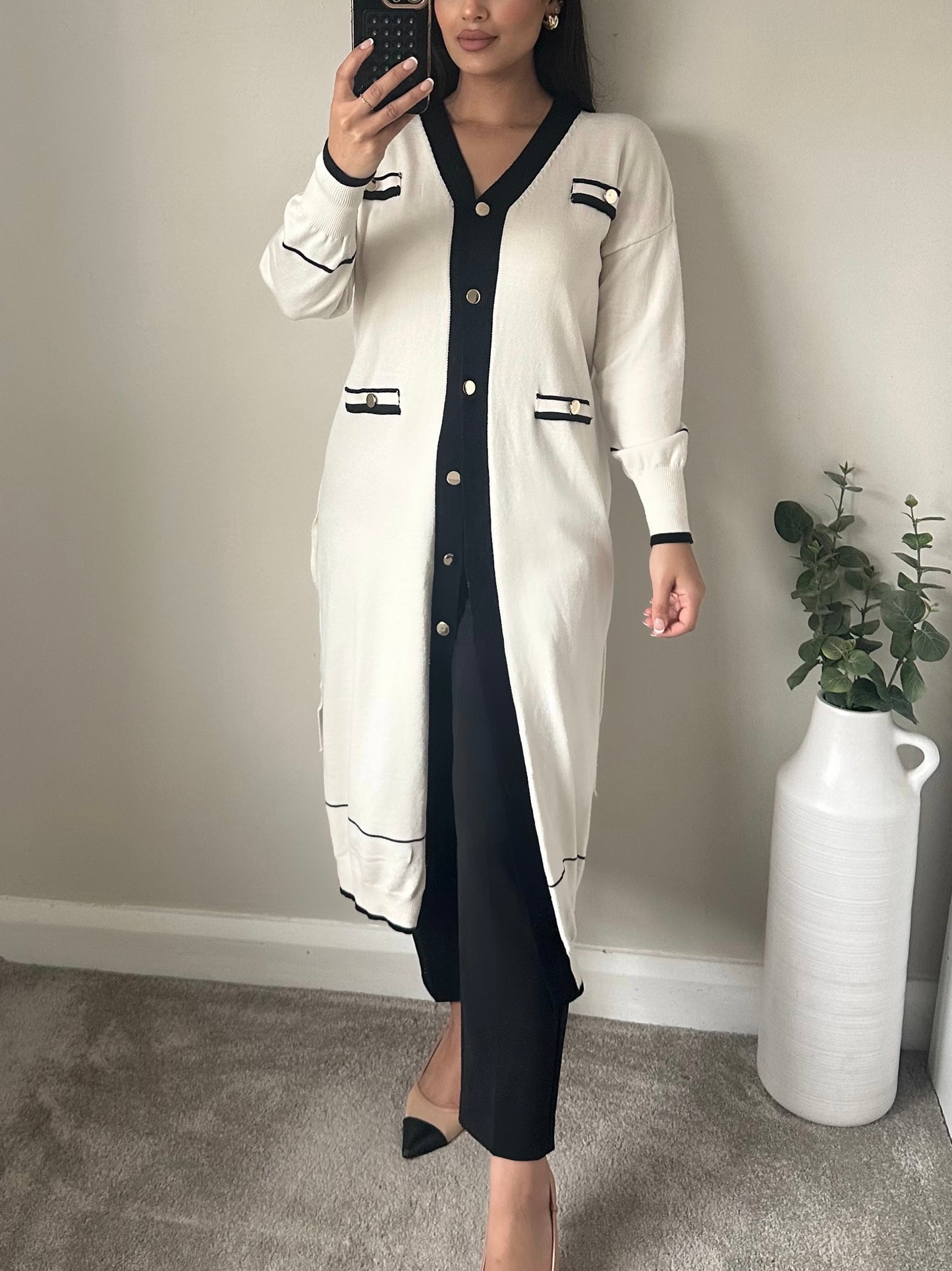 White Black Gold Button Long Belted Cardigan