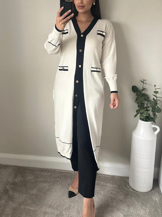 White Black Gold Button Long Belted Cardigan