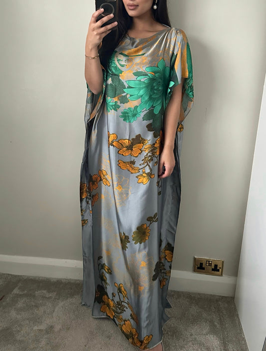 Grey/Green Satin Printed Kaftan