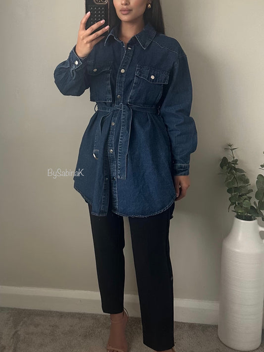 Blue Denim Belted Longline Shirt Jacket