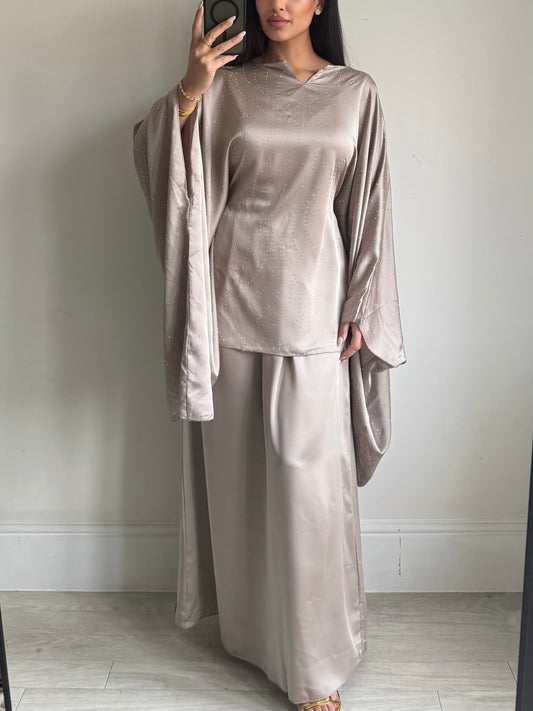 Taupe Satin Rhinestone Skirt Co-ord