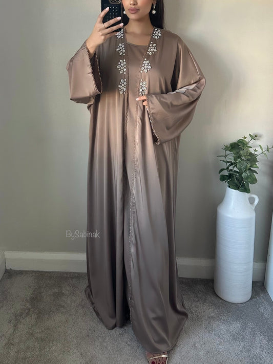 Mocha Satin Rhinestone Beaded Abaya Set