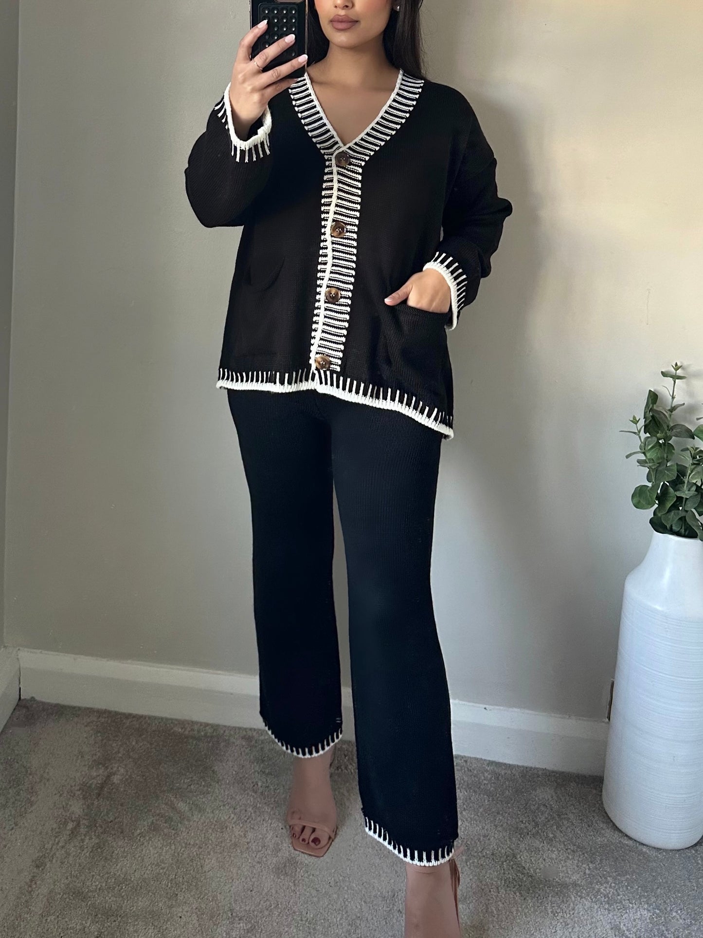 Black Trim Stitch Knit Cardigan Co-ord