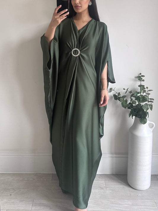 Khaki Green Satin Drape Brooch Kaftan