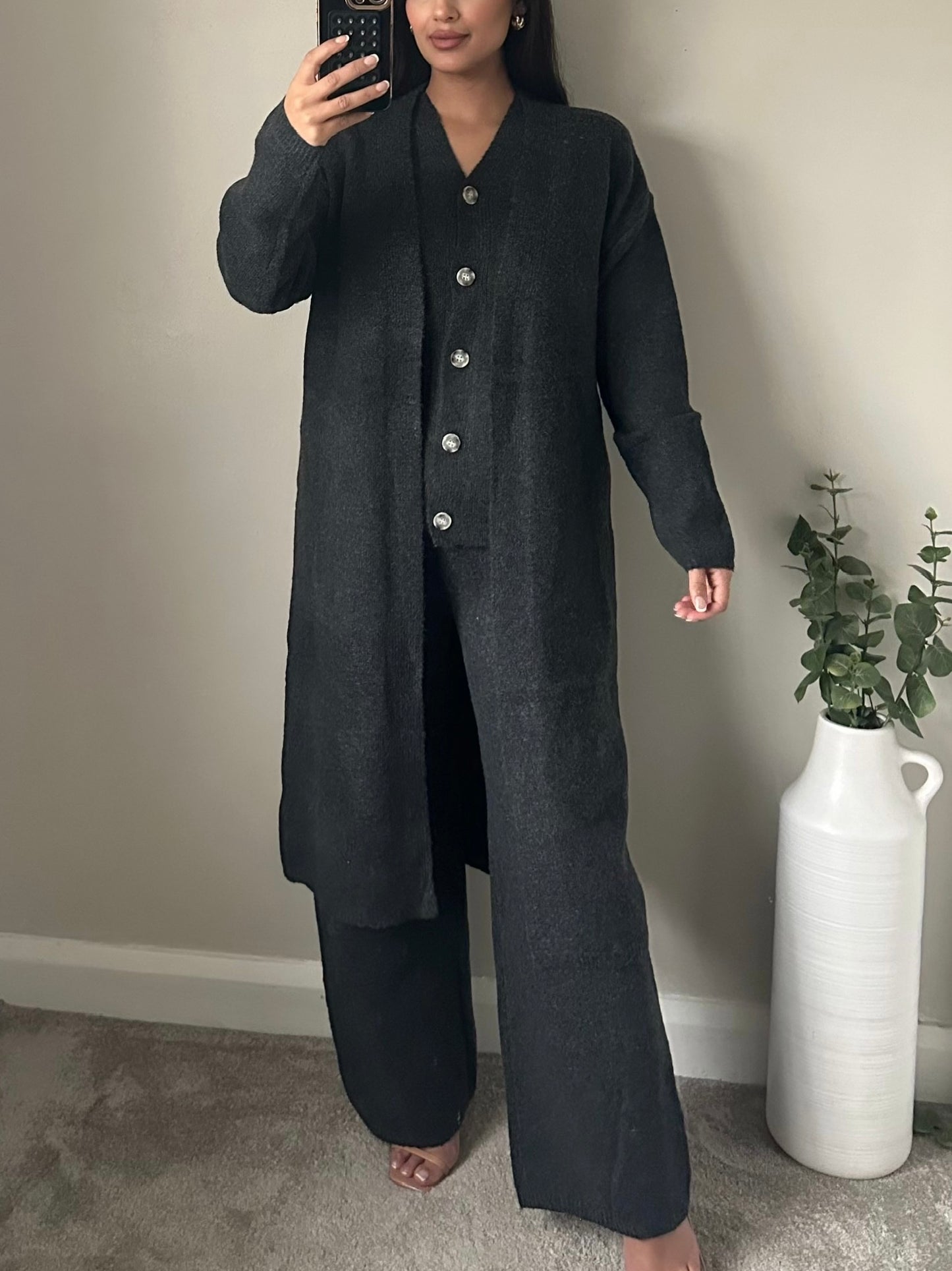 Dark Grey Three Piece Button Knitted Set