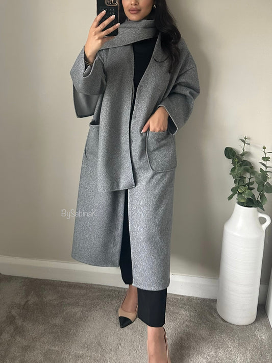 Grey Buttoned Scarf Coat Jacket