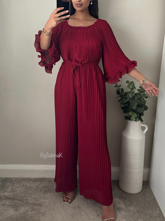 Wine Red Pleated Chiffon Jumpsuit