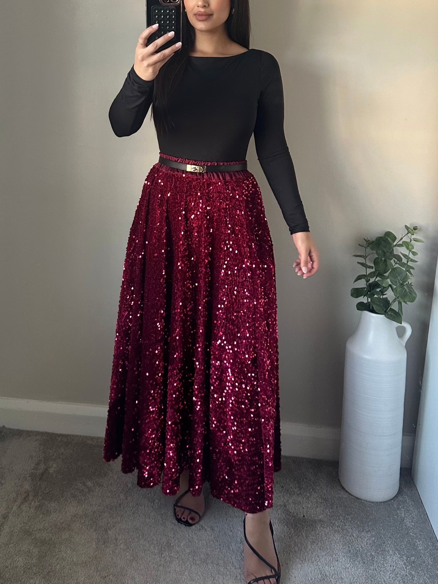 Wine Red Sequin Velvet Full Maxi Skirt