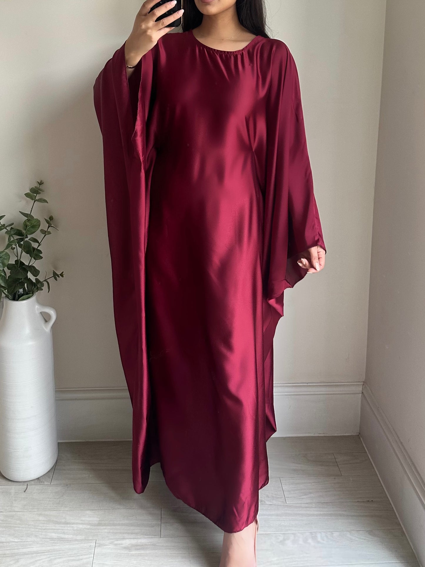 Wine Red Butterfly Satin Kaftan Abaya