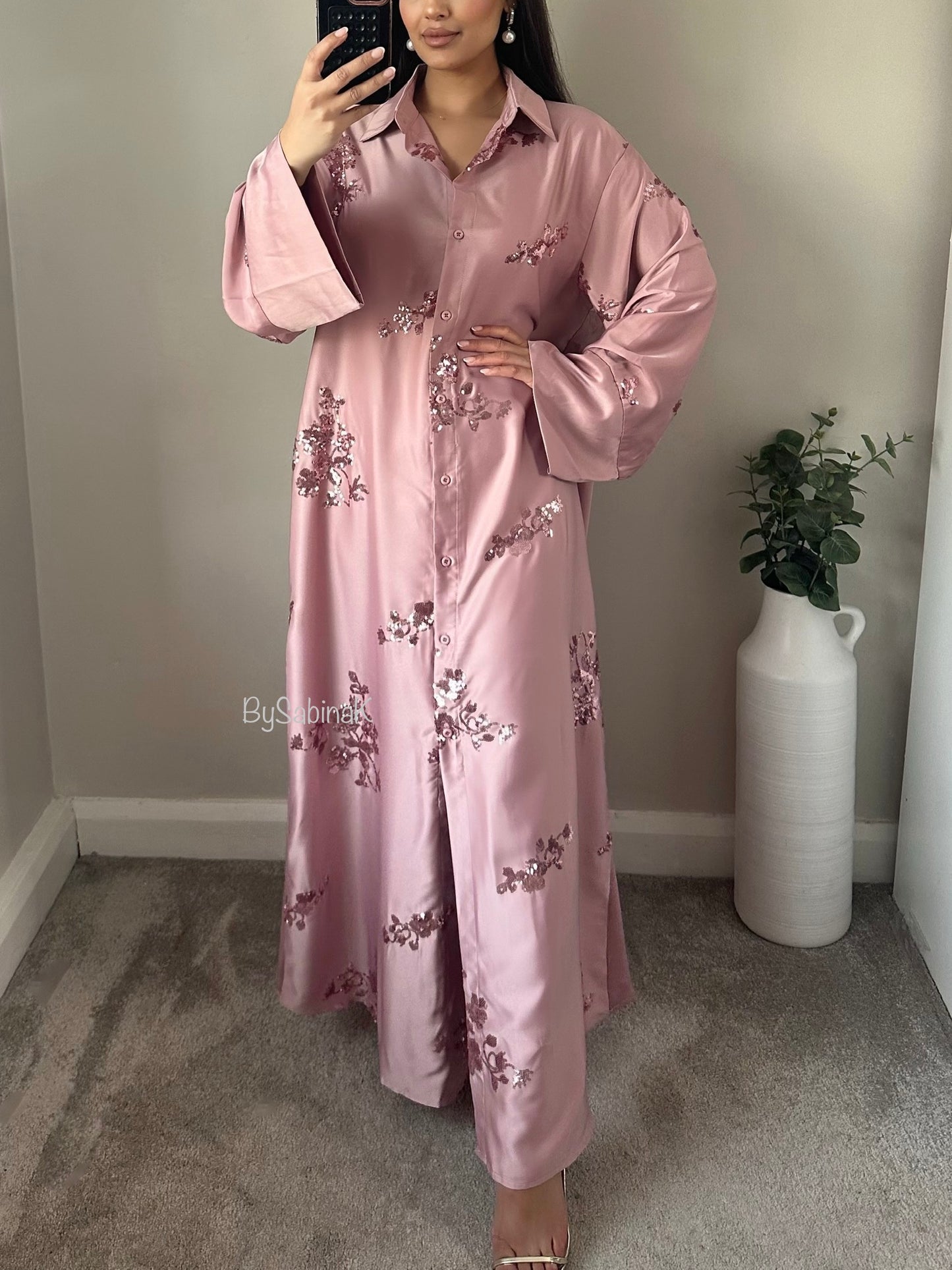 Pink Buttoned Satin Floral Sequin Kaftan Abaya