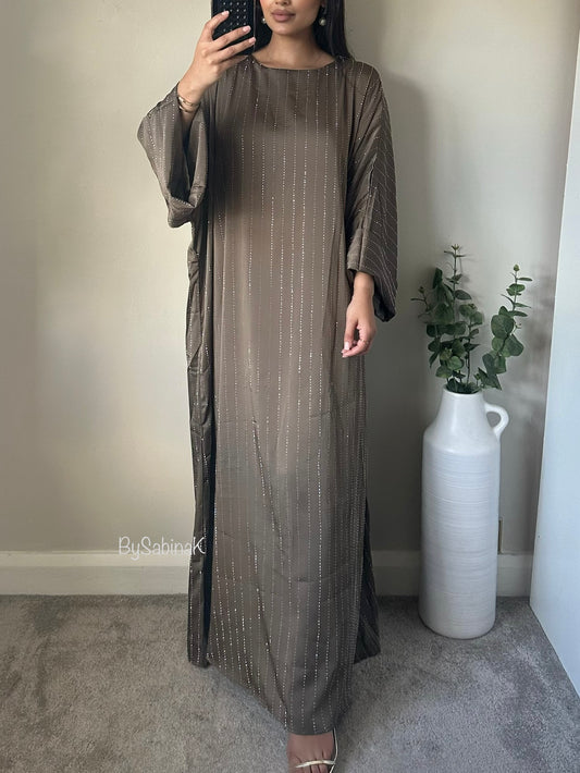 Taupe Satin Diamonte Details Kaftan Abaya