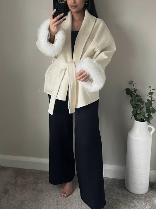 Ivory Wool Blend Fur Short Coat (pre-order)