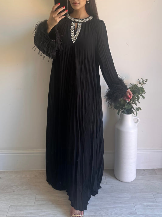 Black Fur Premium Diamanté Pleated Chiffon Dress