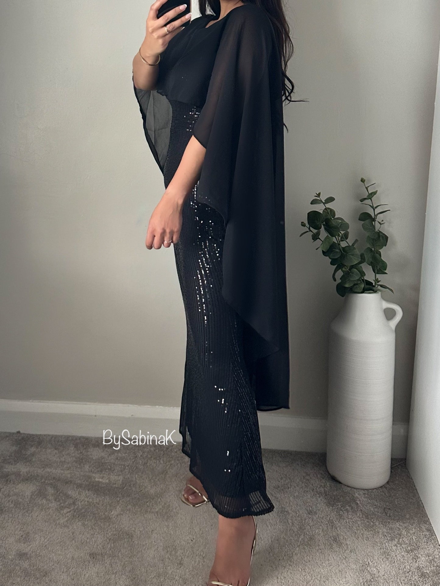 Black Sequin Chiffon Cape Dress