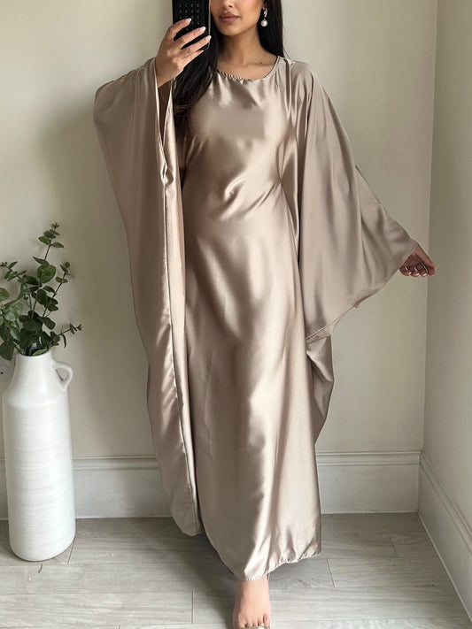 Beige Butterfly Satin Kaftan Abaya