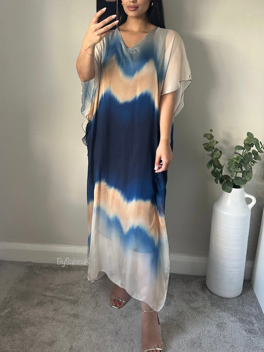 Blue Tye Dye Chiffon Silk Kaftan Dress