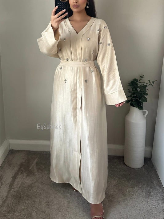 Ivory Rhinestone Belted Kaftan Dress Abaya