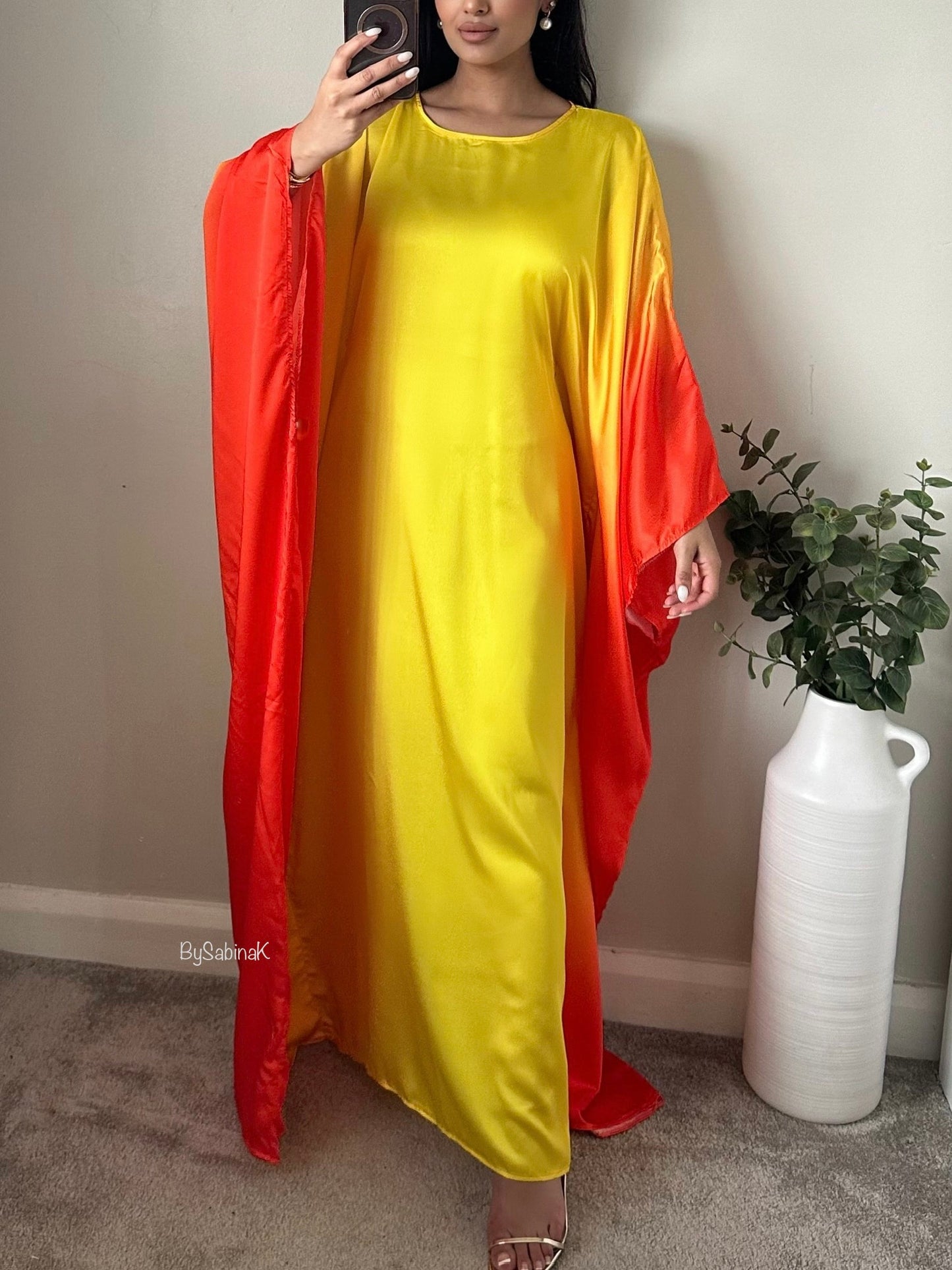 Yellow Orange Ombre Satin Butterfly Kaftan