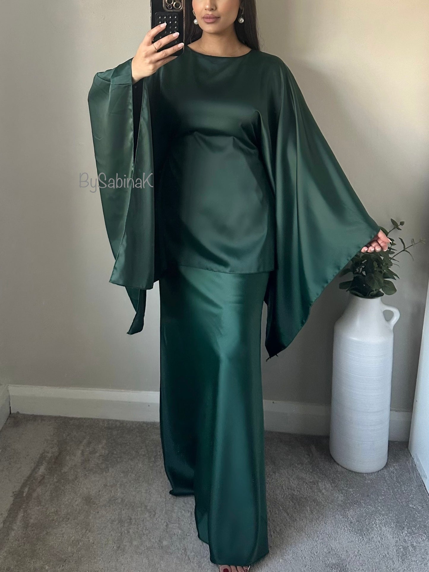 Green Satin Skirt Cape Co-ord