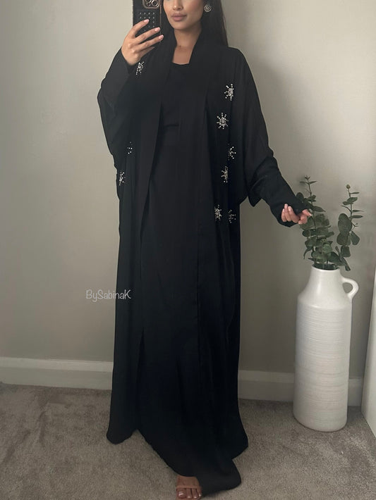 Black Rhinestone Detail Batwing Abaya Set