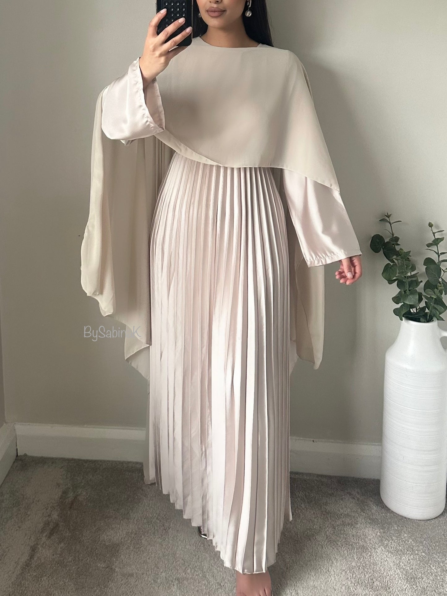 Ivory Satin Pleated Chiffon Cape Dress