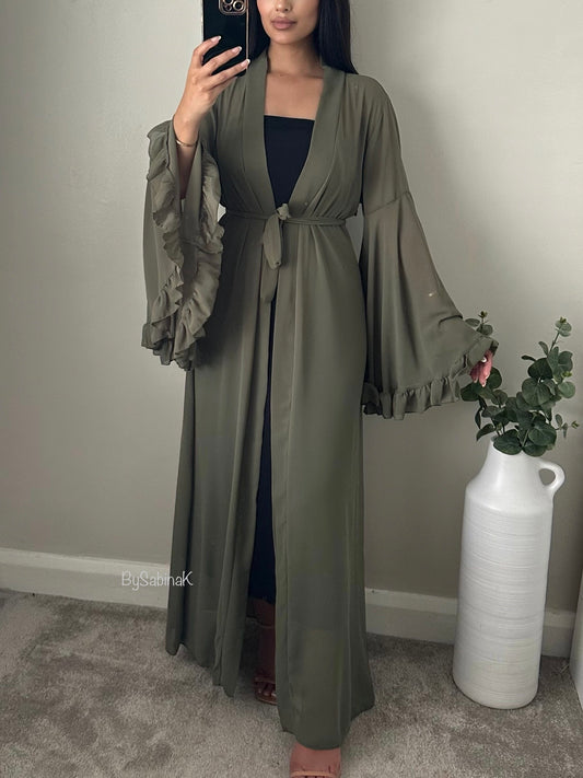 Khaki Green Chiffon Flare Sleeve Kimono