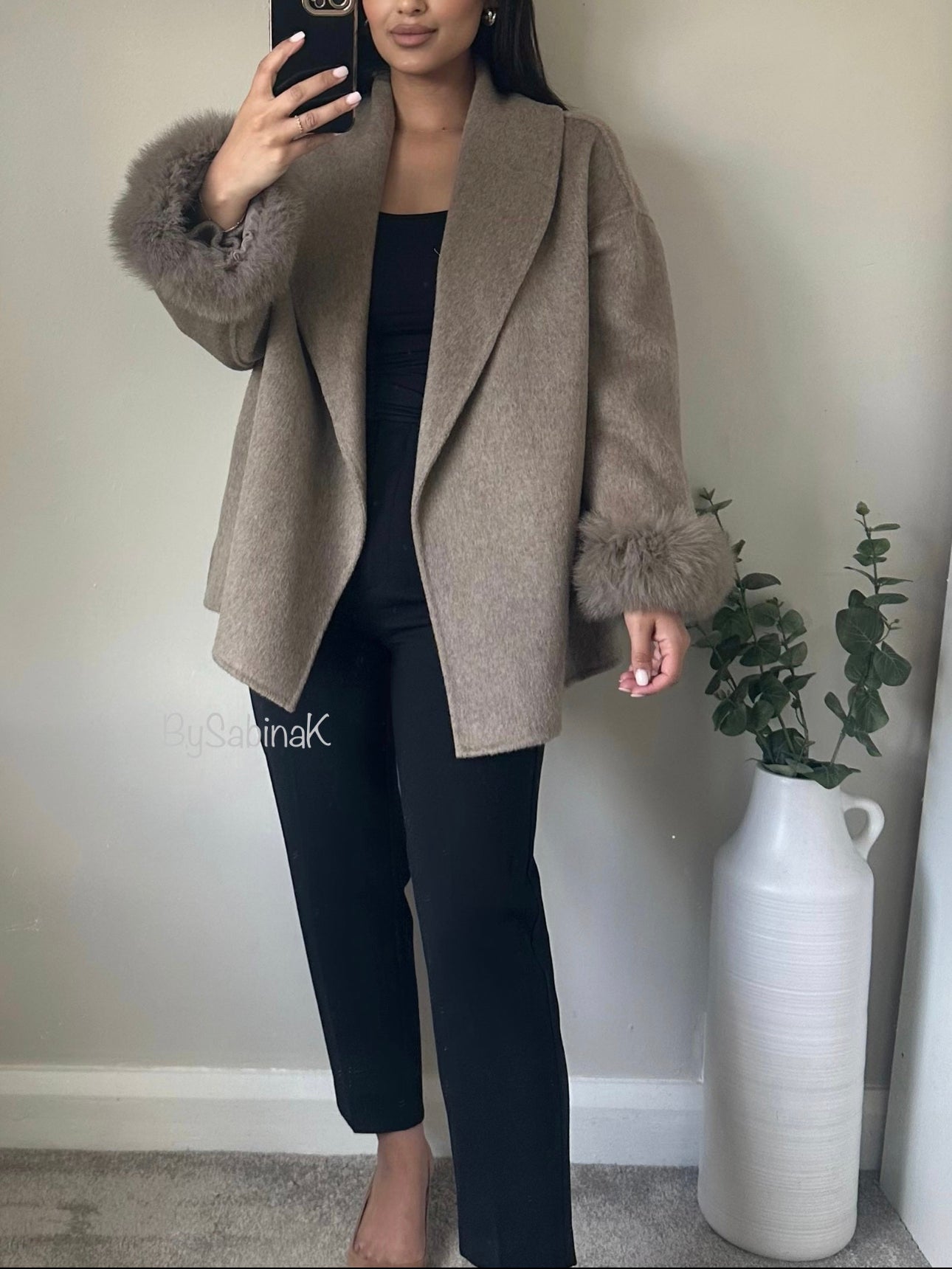 Taupe 100% Wool Fur Short Coat (Pre-order)