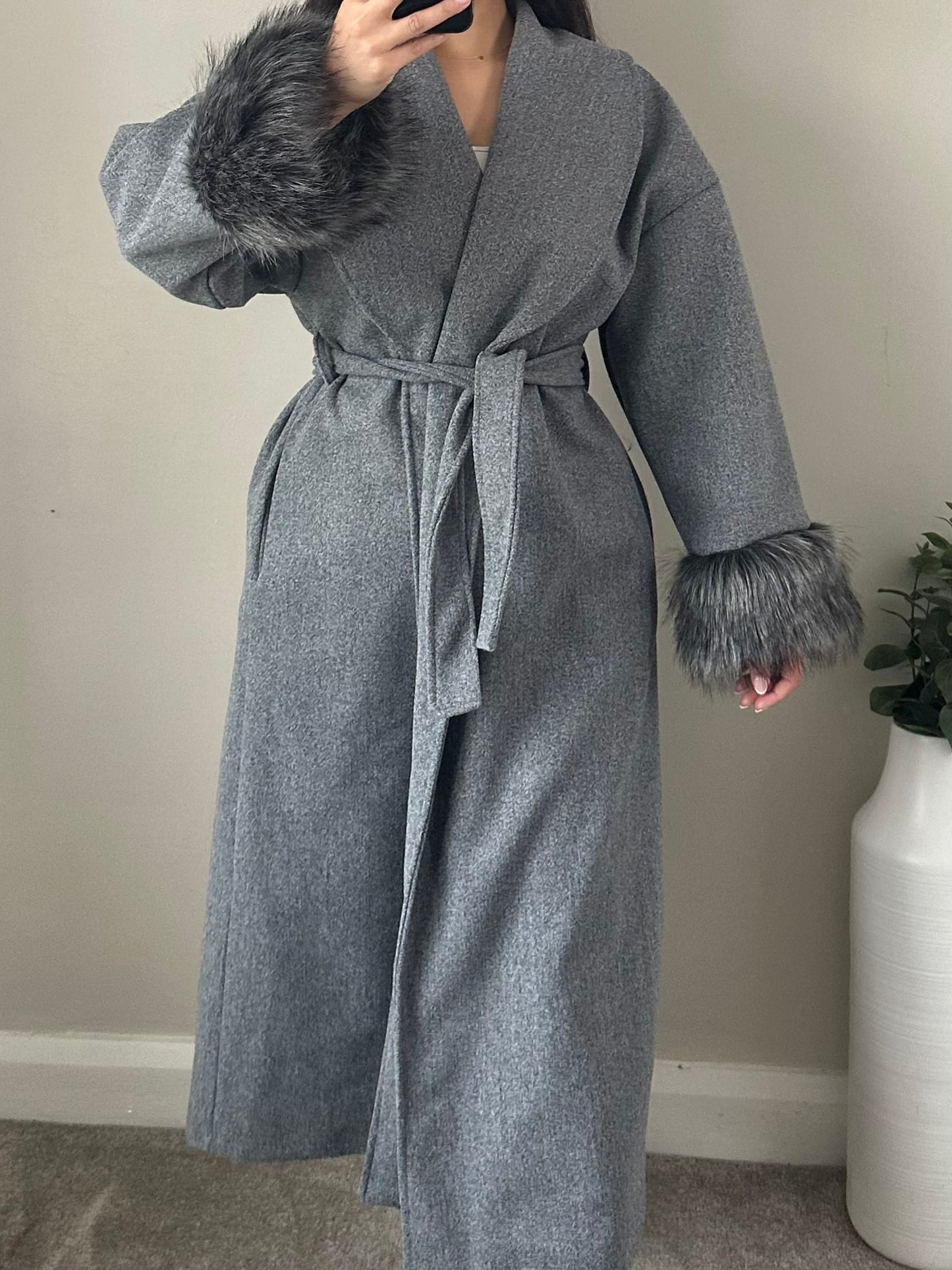 Grey Faux Fur Sleeve Long Wrap Coat