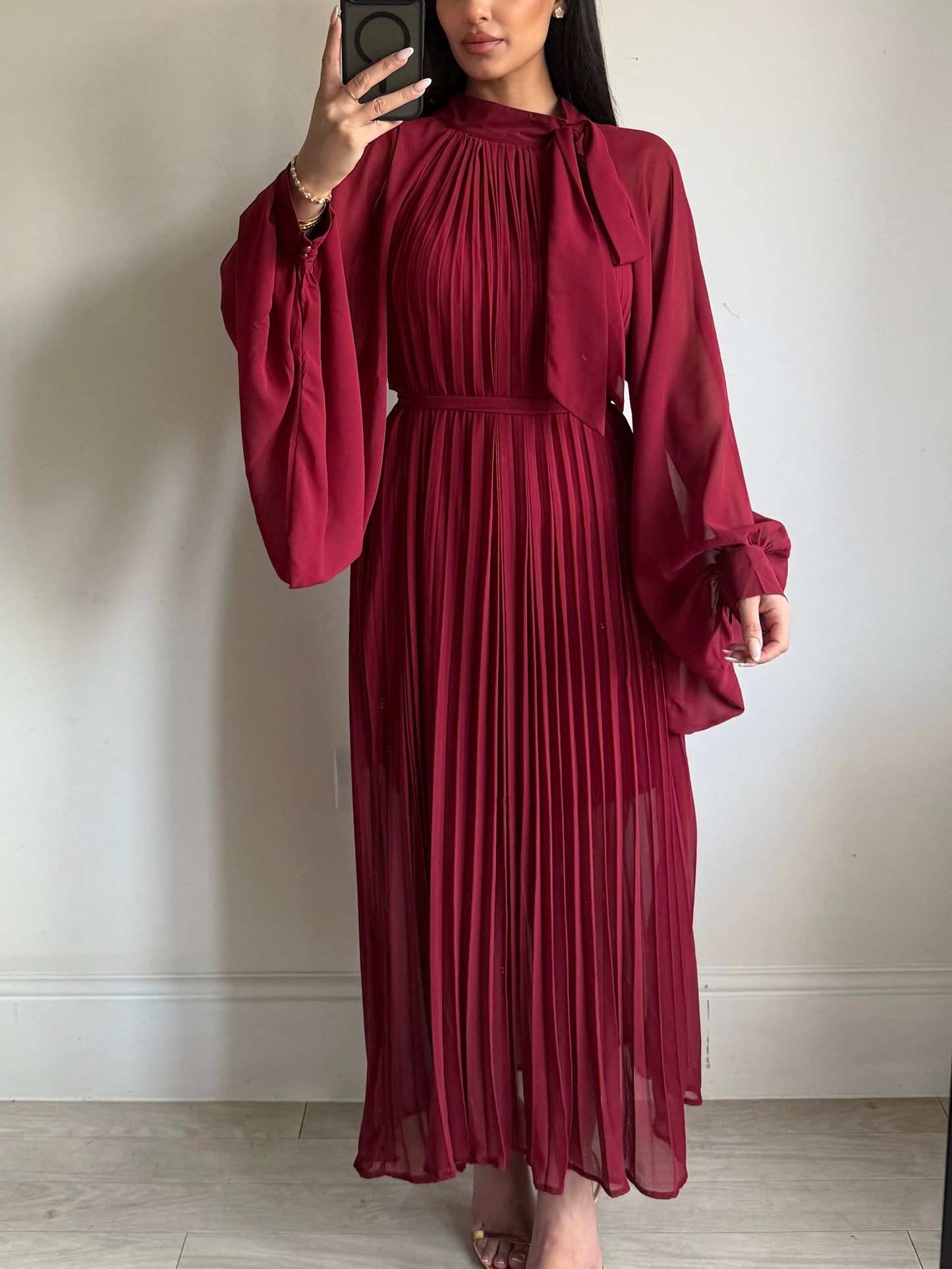 Burgundy Red Chiffon Pleated Dress