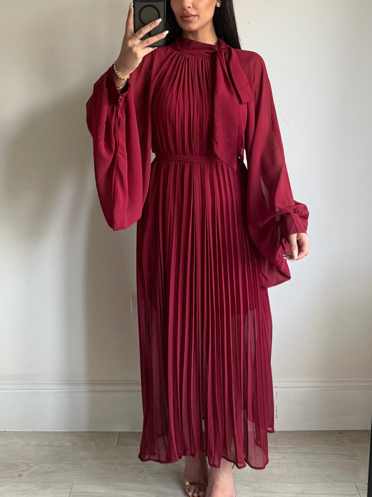 Burgundy Red Chiffon Pleated Dress