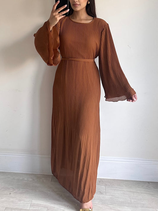 Camel Brown Chiffon Pleated Dress